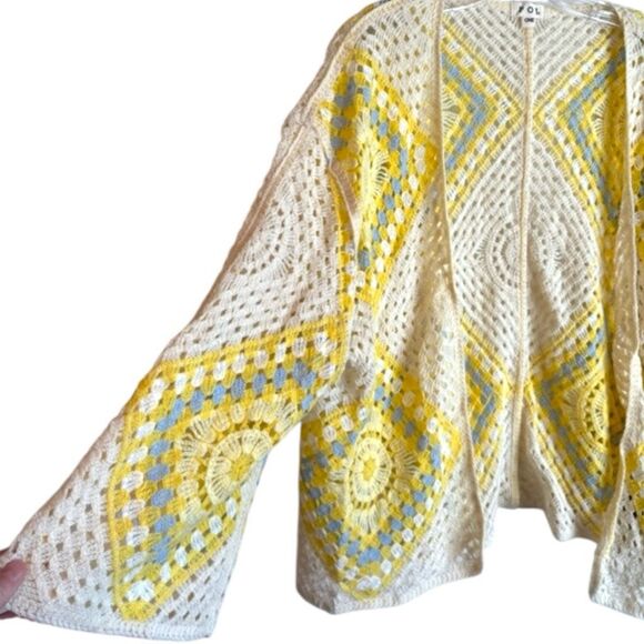 POL Crochet Granny Square Cardigan Yellow Boho Festival Layering NEW - Picture 10 of 11
